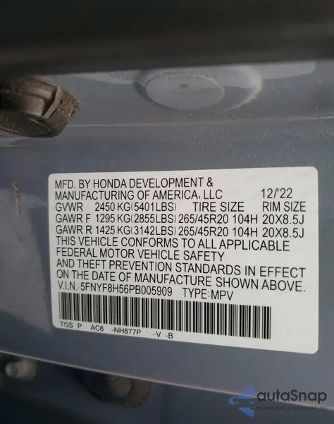 2023 Honda Passport Exl из США, поврежденный, VIN 5FNYF8H56PB005909